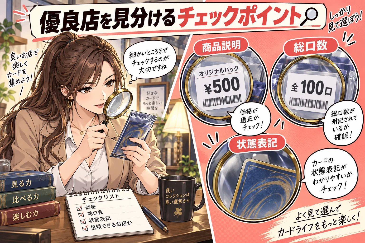 ポケカオリパの優良店を見分ける6つの確認ポイントを説明する漫画図解