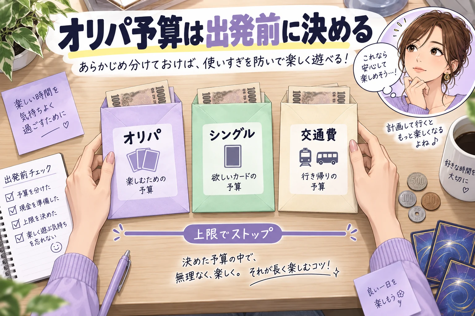 秋葉原でオリパを買う予算と価格の考え方を説明する漫画図解