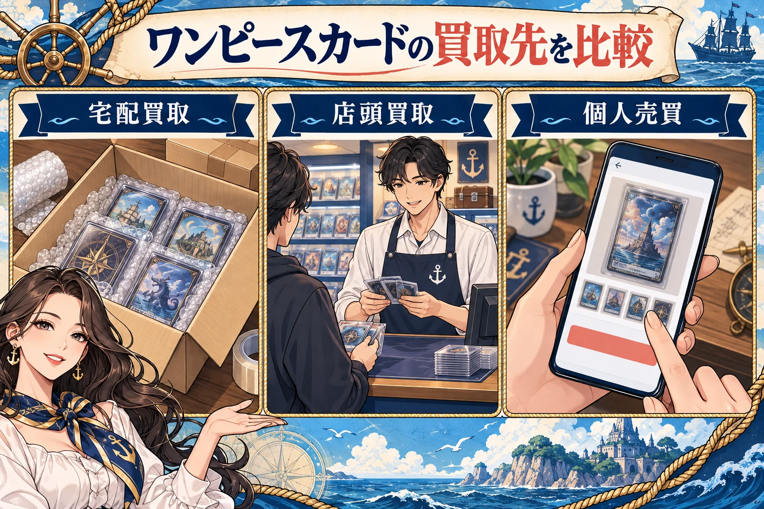 ワンピースカード買取おすすめ7選を比較|売るならどこ?を説明する漫画図解