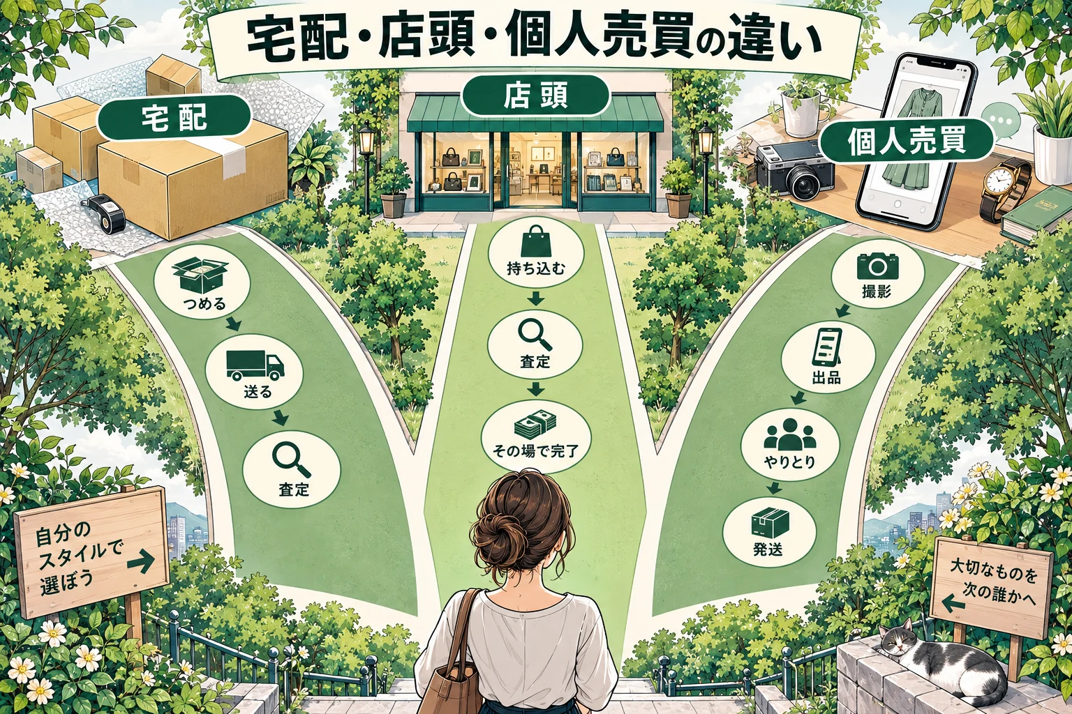 ワンピースカードを売る方法は宅配・店頭・個人売買で違うを説明する漫画図解