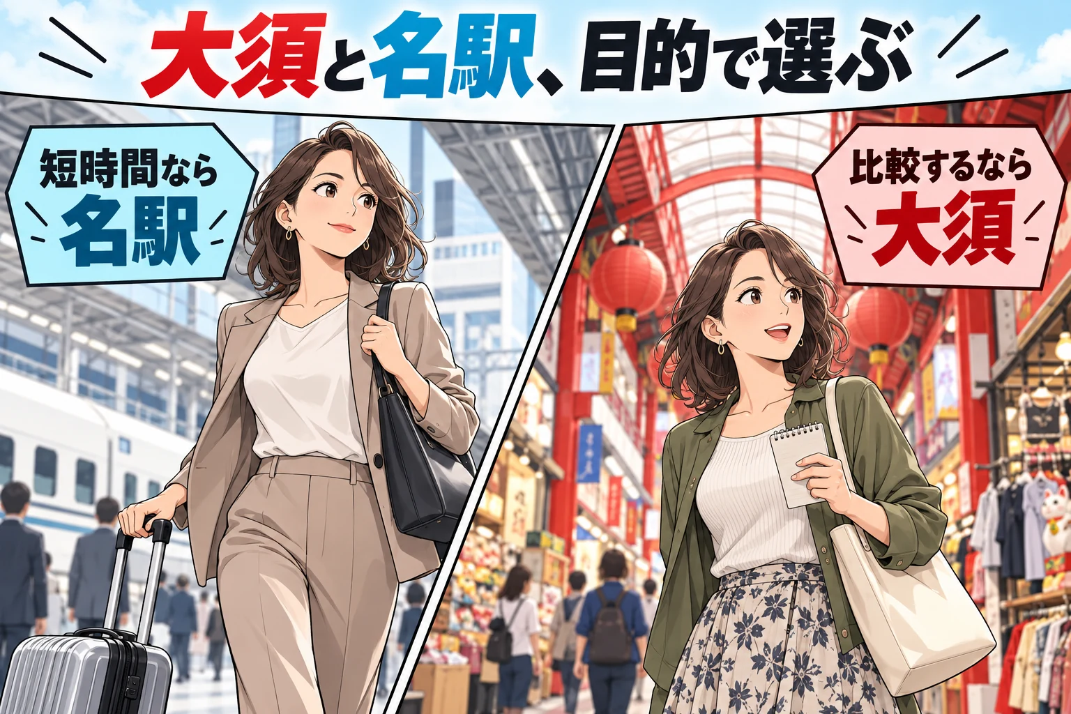 大須と名駅のどちらで探す?目的から店舗を絞る方法を説明する漫画図解