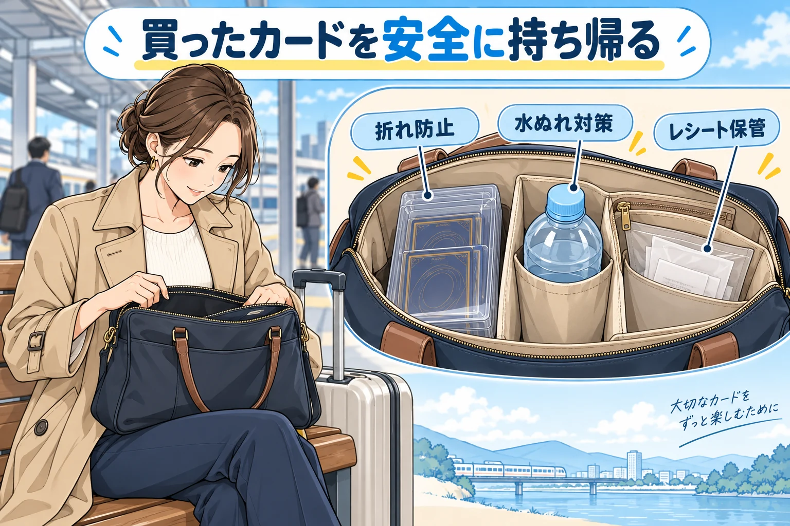 購入したカードを名古屋から持ち帰るときの注意点を説明する漫画図解