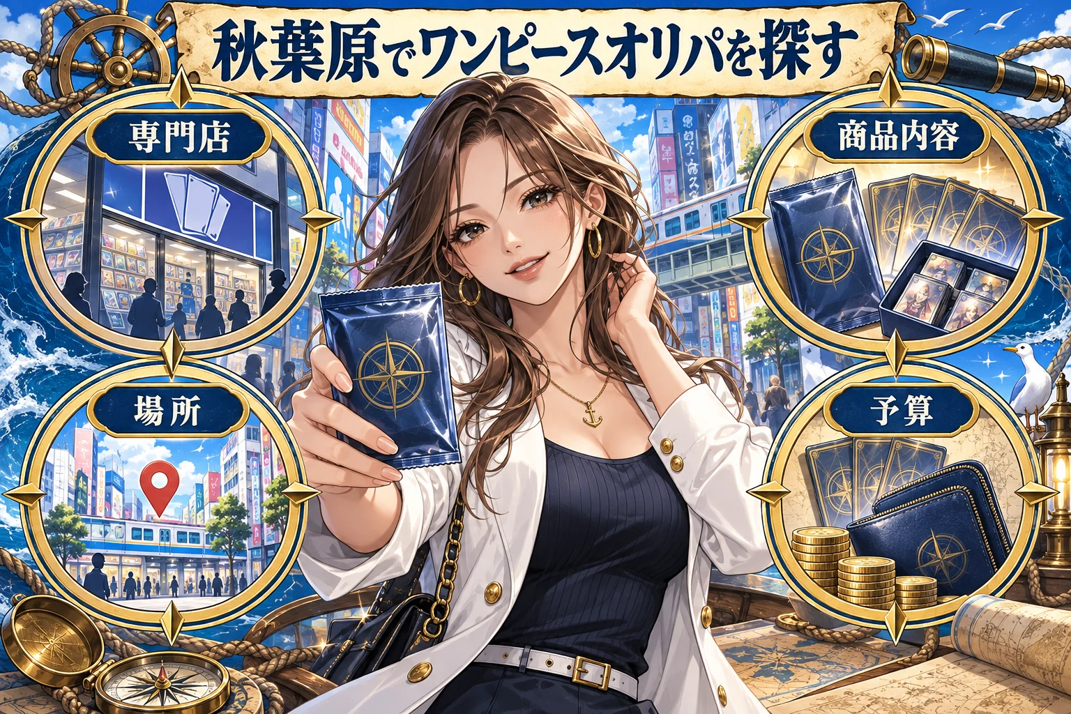 秋葉原でワンピースカードオリパを探すなら比較したい4店を説明する漫画図解