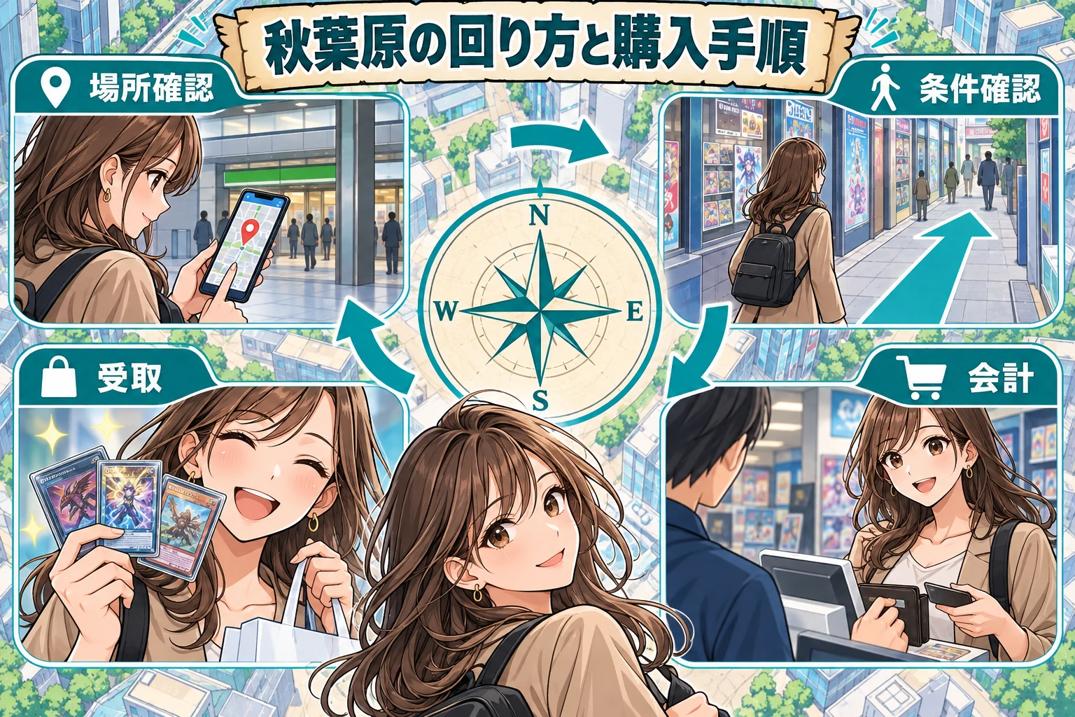 Googleマップで確認する秋葉原の回り方と購入手順を説明する漫画図解