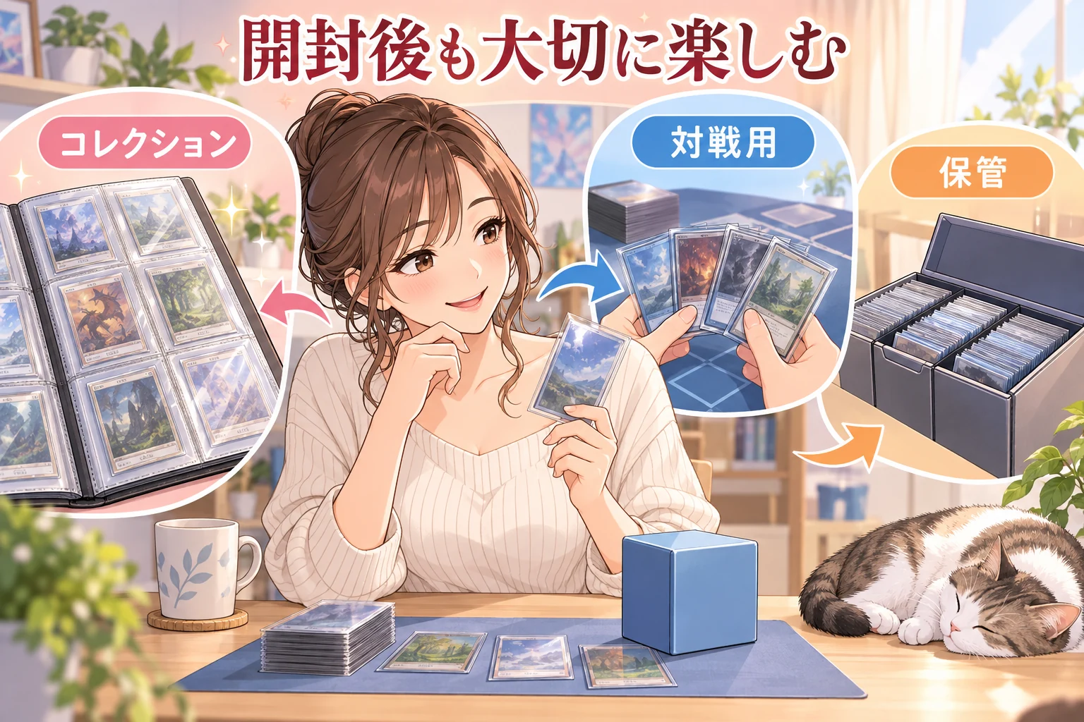 開封したワンピースカードをコレクション・対戦用に楽しむを説明する漫画図解