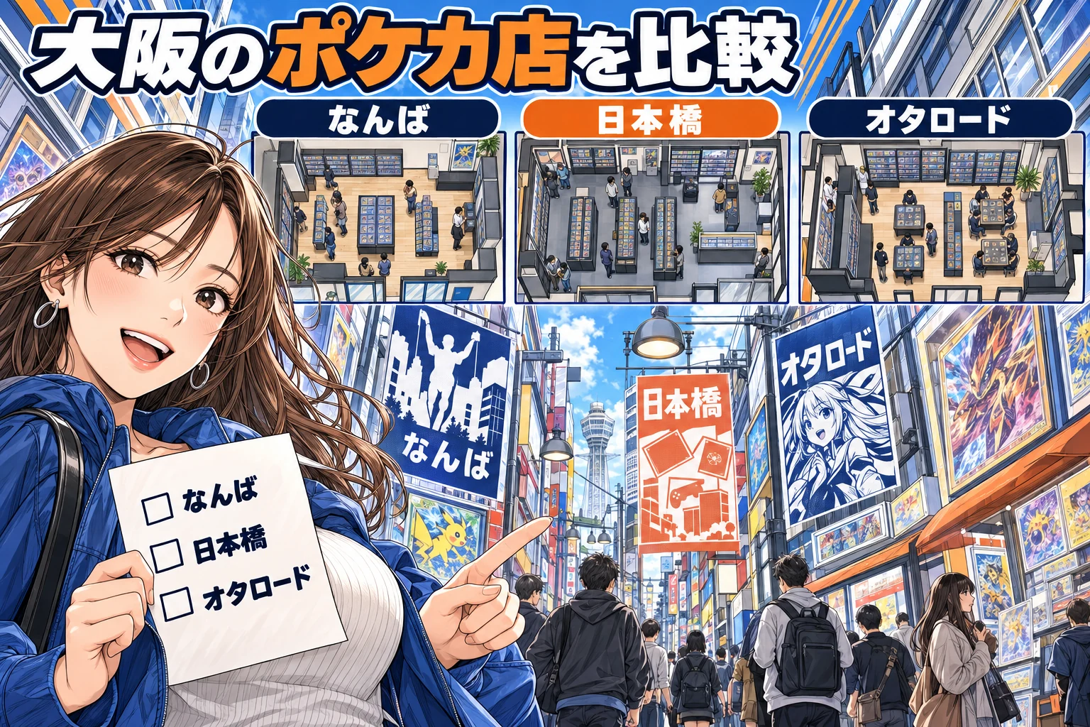 大阪でポケカオリパを探すなら比較したい4店を説明する漫画図解