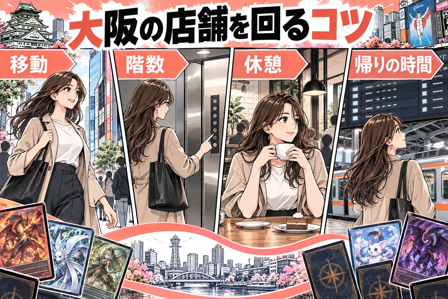 大阪のトレカ店を回る日の動き方と購入手順を説明する漫画図解