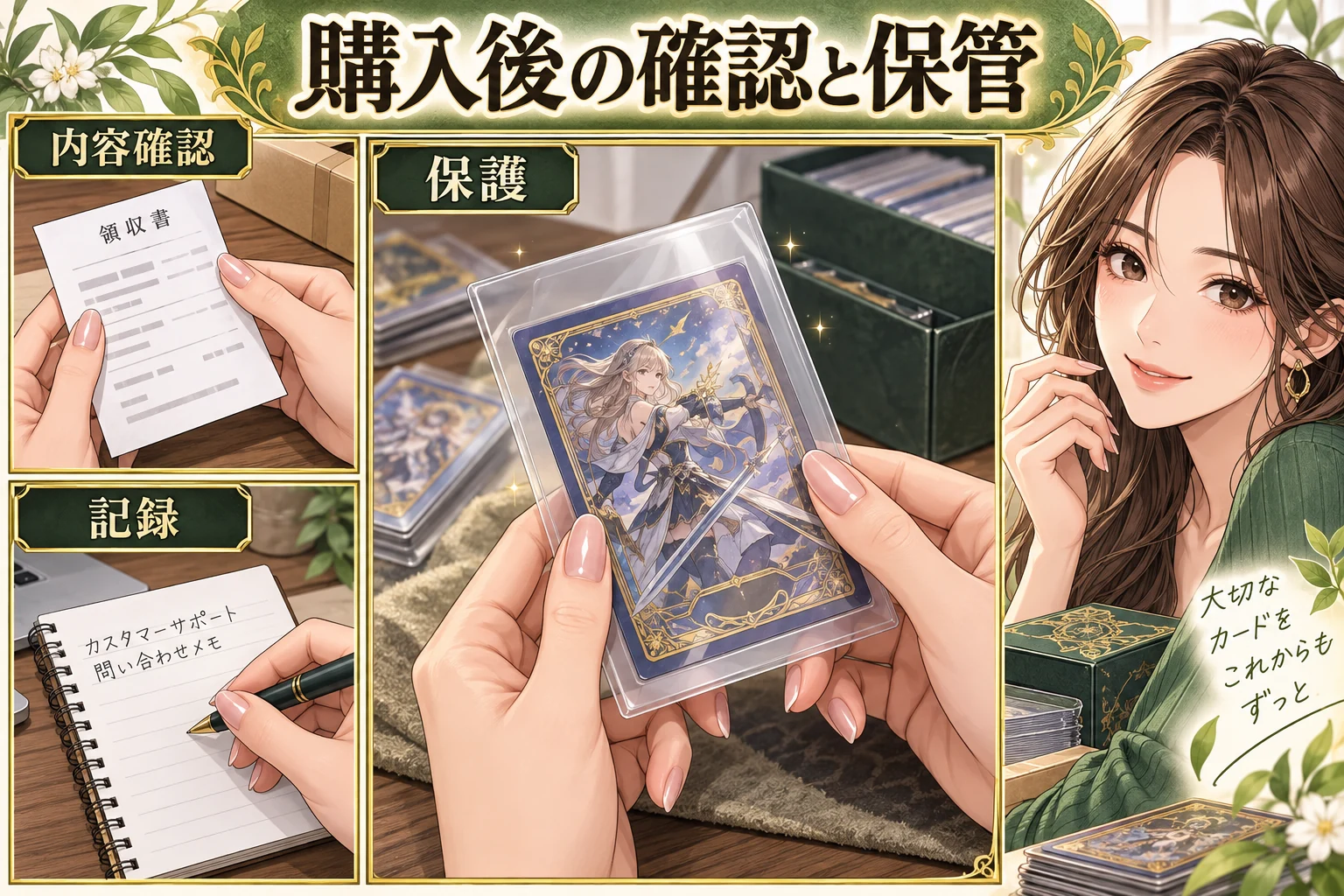 購入後のカード確認・保管と困ったときの対応を説明する漫画図解