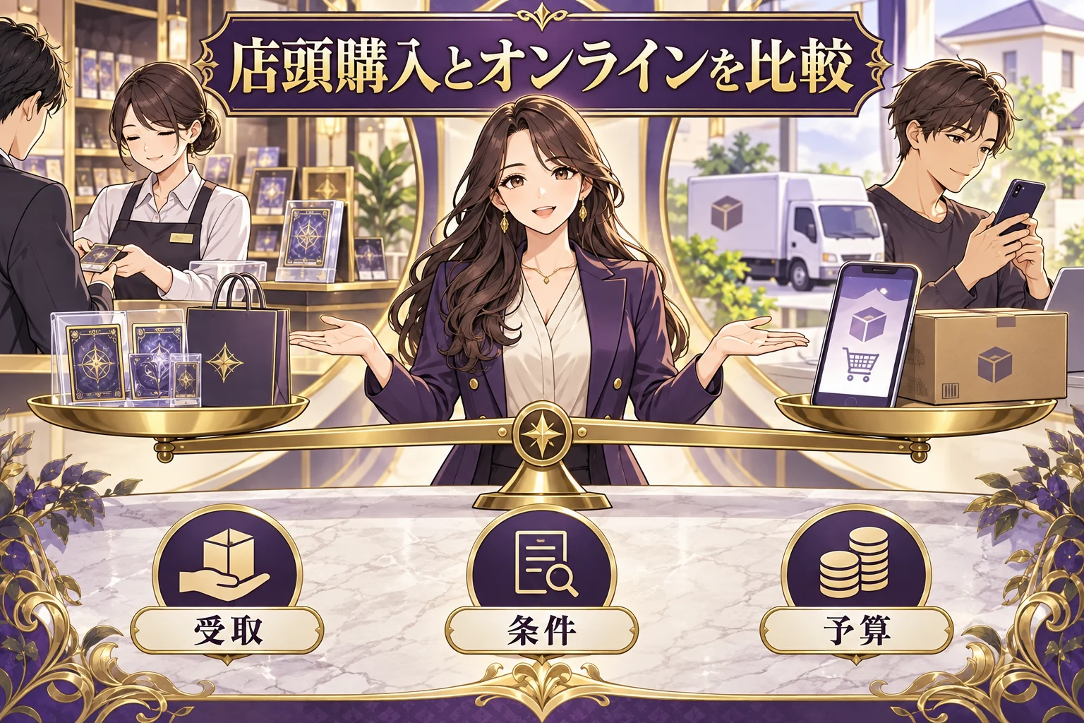 大阪の店頭購入とオンラインオリパを比較するを説明する漫画図解